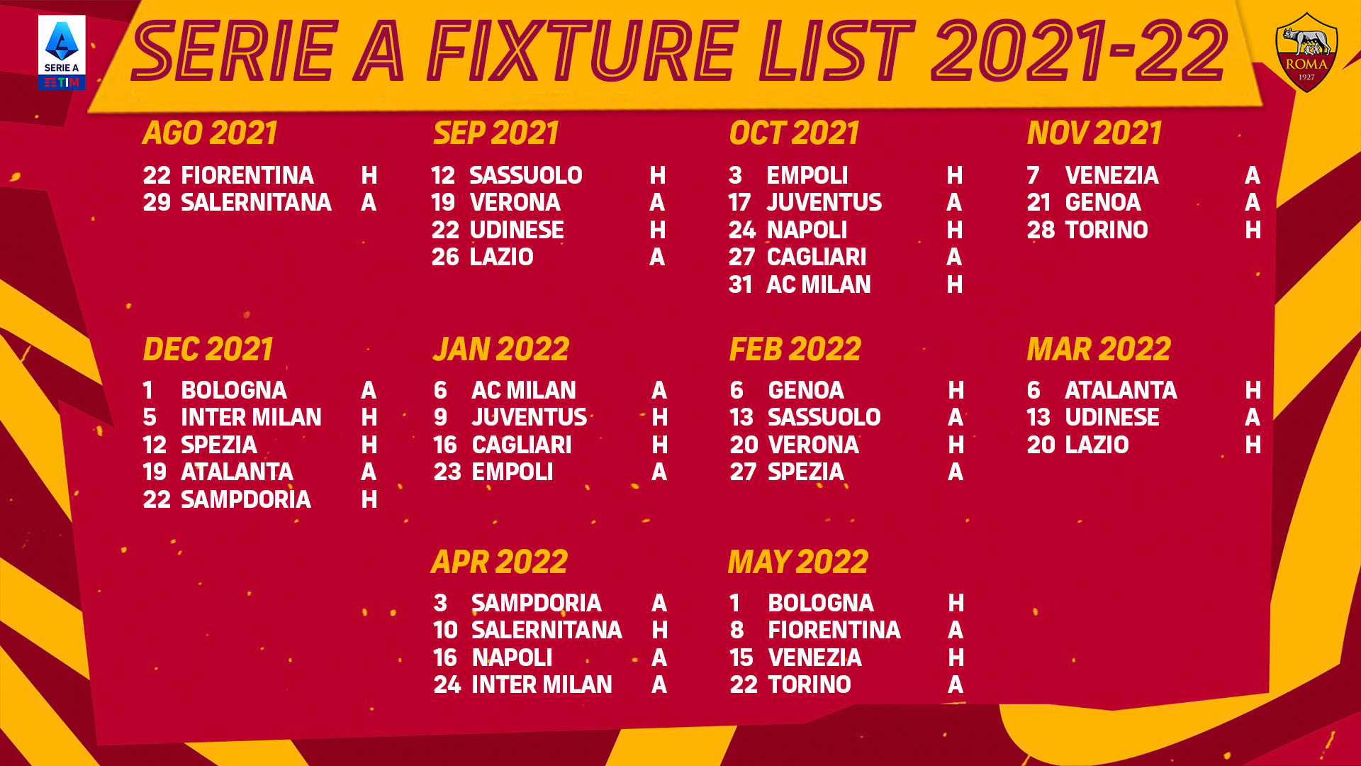 AS Roma s 2021 22 Serie A Schedule Announced The Friedkin Group AS Roma s 2021 22 Serie A Schedule Announced The Friedkin Group